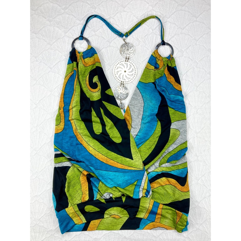 Entry Abstract Psychedelic Halter Top Womens S Blue Green Medallion Y2K Hippie